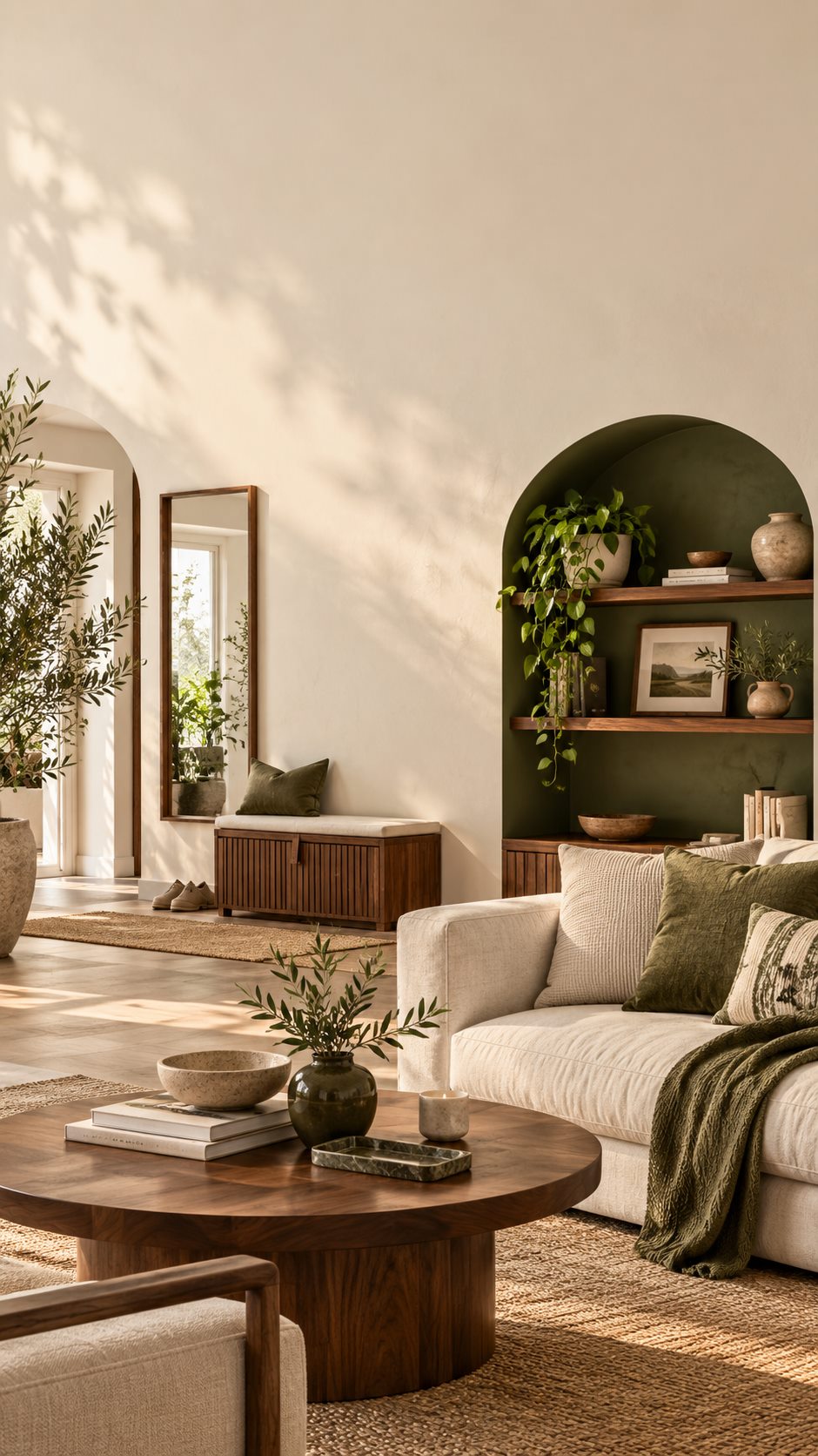 Warm Nestwist living room with neutral furnishings, greenery and wooden furniture