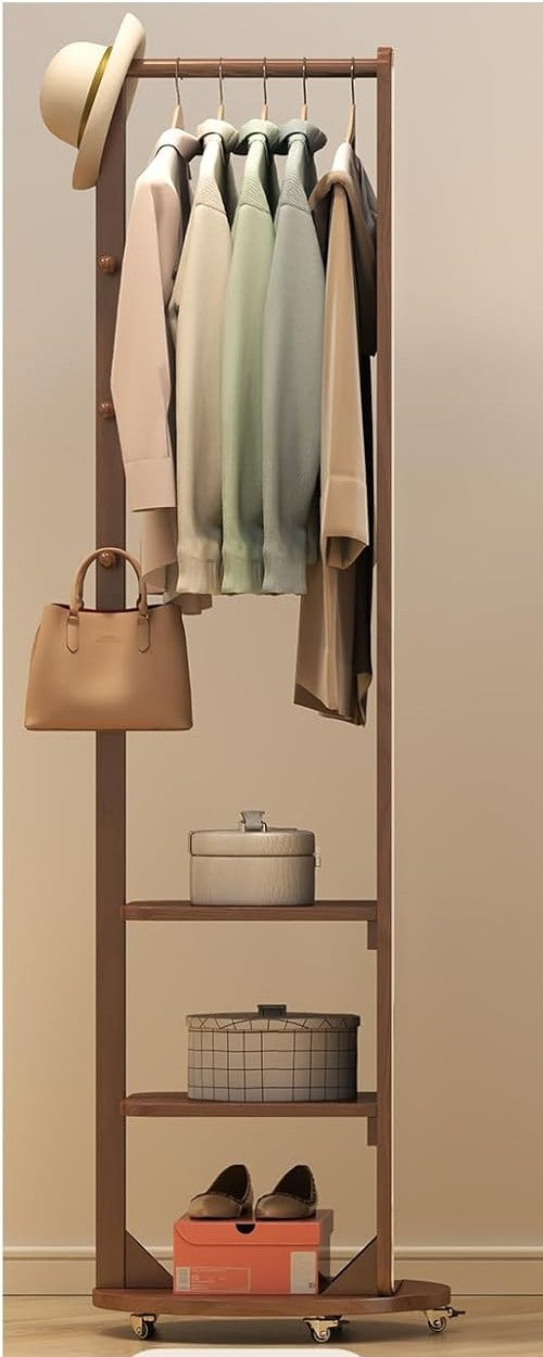 Rear storage view of the Nestwist mirror with clothes rail, shelves and wheeled base